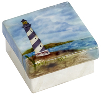 Blue and white lighthouse box.